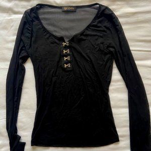 Sheer Mesh Vintage Black Top with Gold Metal Clasps (size  M)